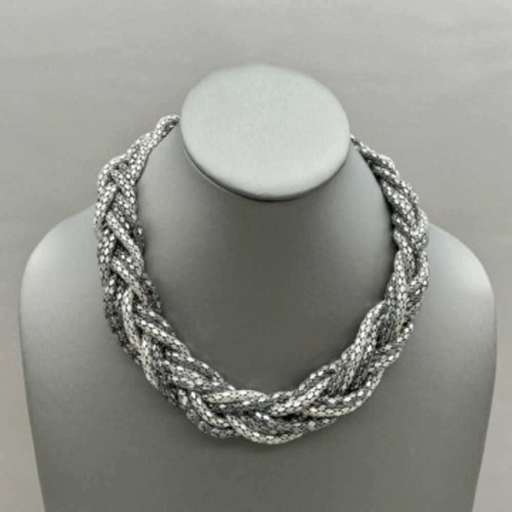 Braided Mesh Statement Necklace Womens Silver Tone Chunky Link Fashion Jewelry